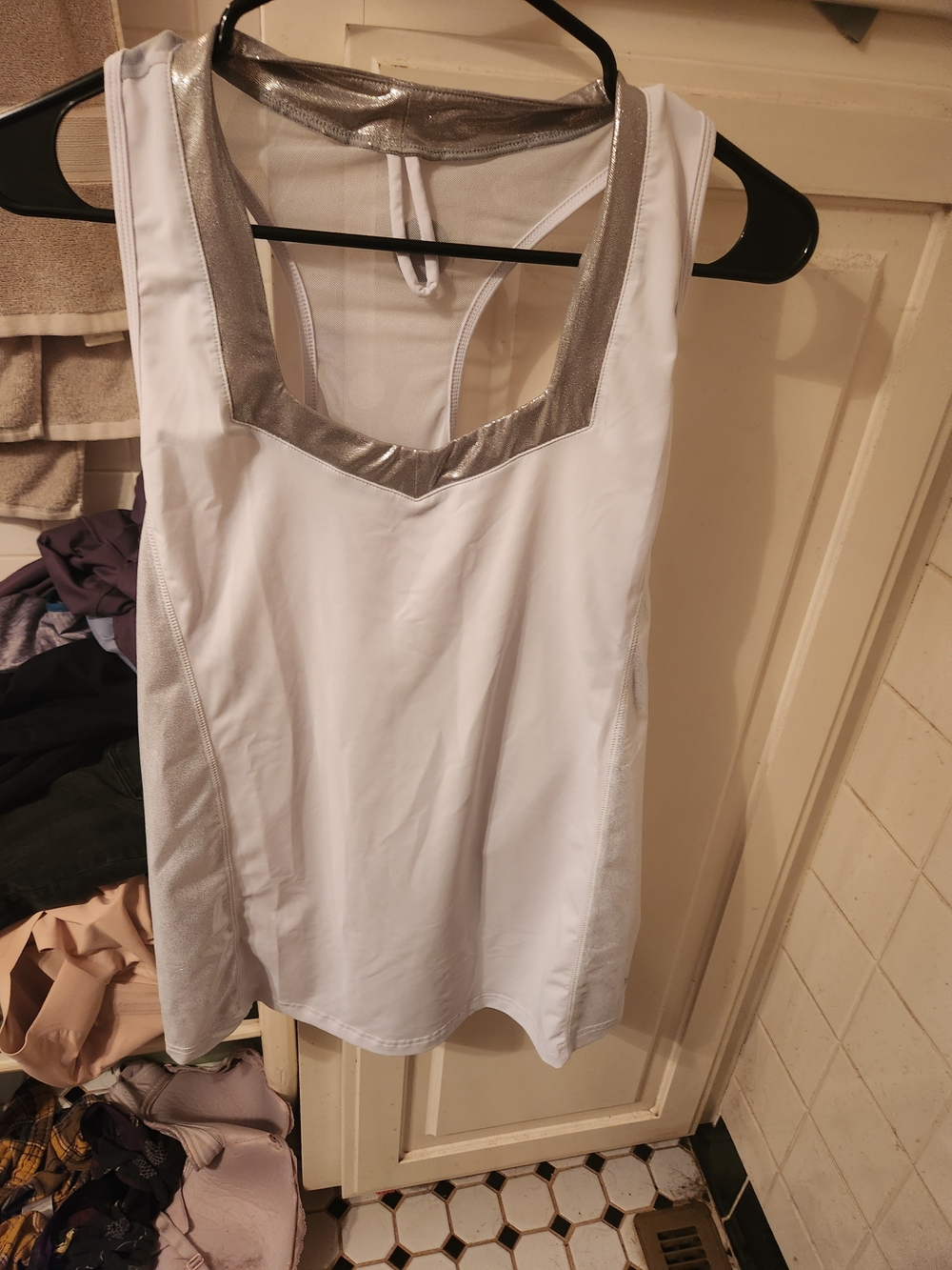 White Crowned Athletics Racerback Tank with Metallic Silver Trim